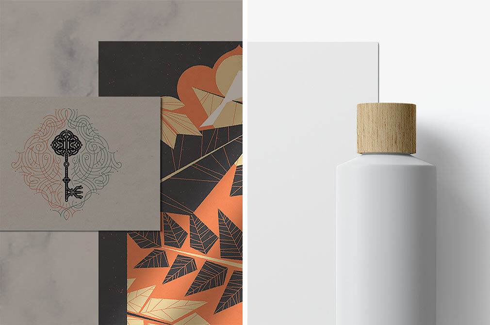 Front View of A4 Paper, Card and Cosmetic Bottle Mockup FREE PSD