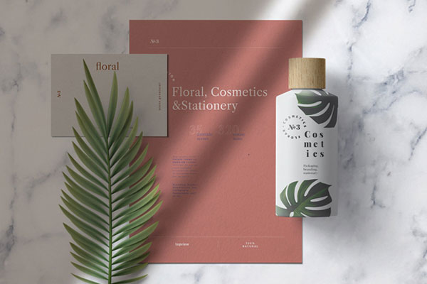 Front View of A4 Paper, Card and Cosmetic Bottle Mockup FREE PSD