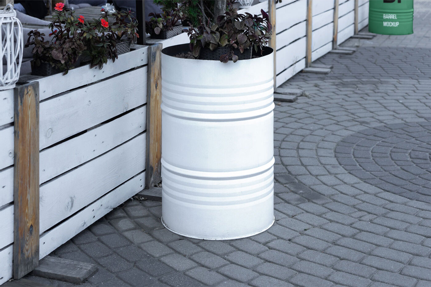Front View of Barrel in Clean Street Mockup FREE PSD