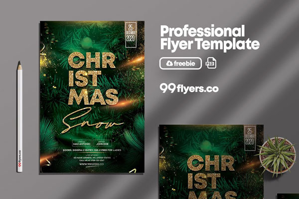 Green, Golden Festive Christmas Party Flyer Template FREE PSD