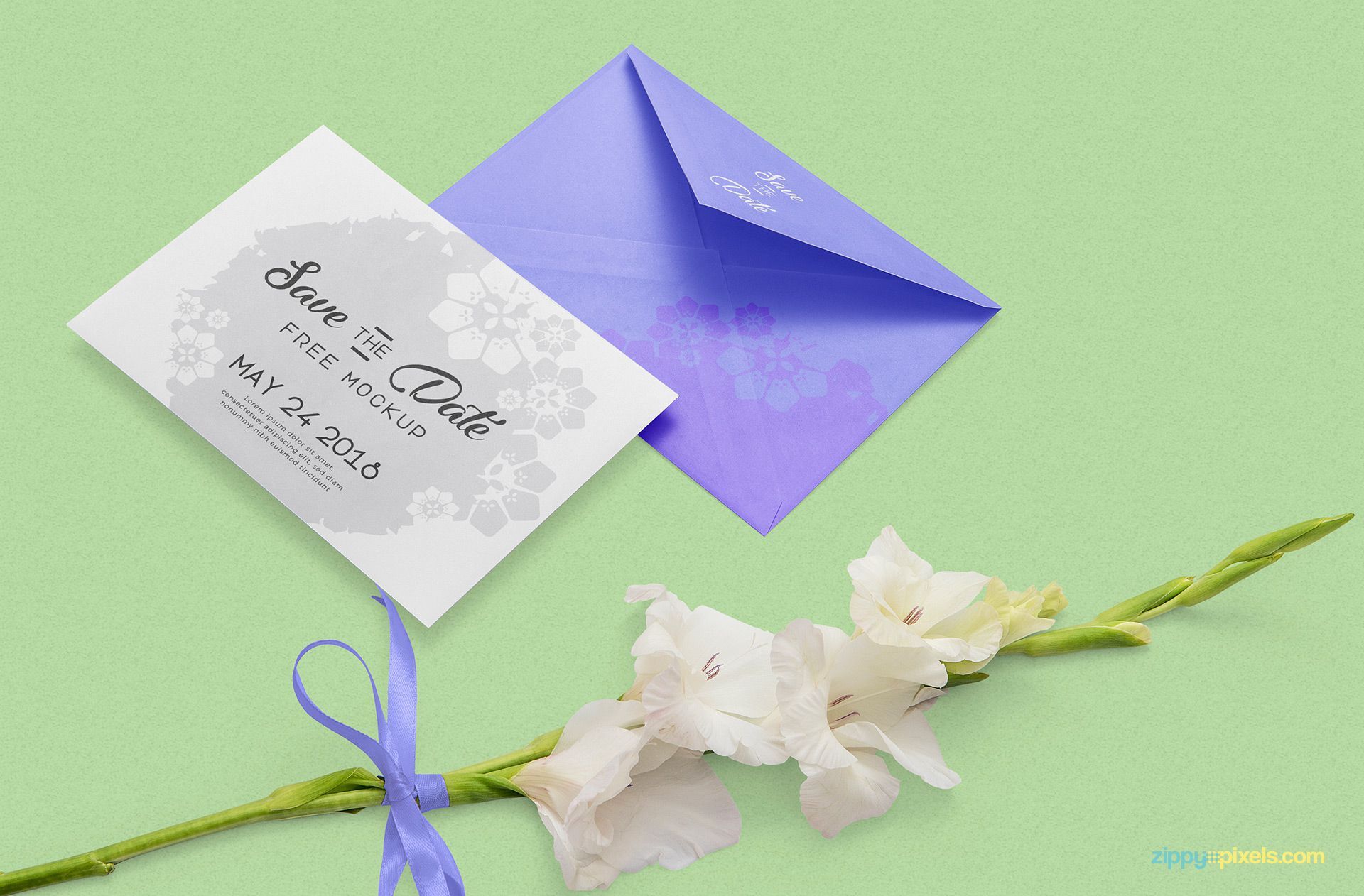 Greeting Card and Envelope With a Ribbon Tied Flower Mockup FREE PSD
