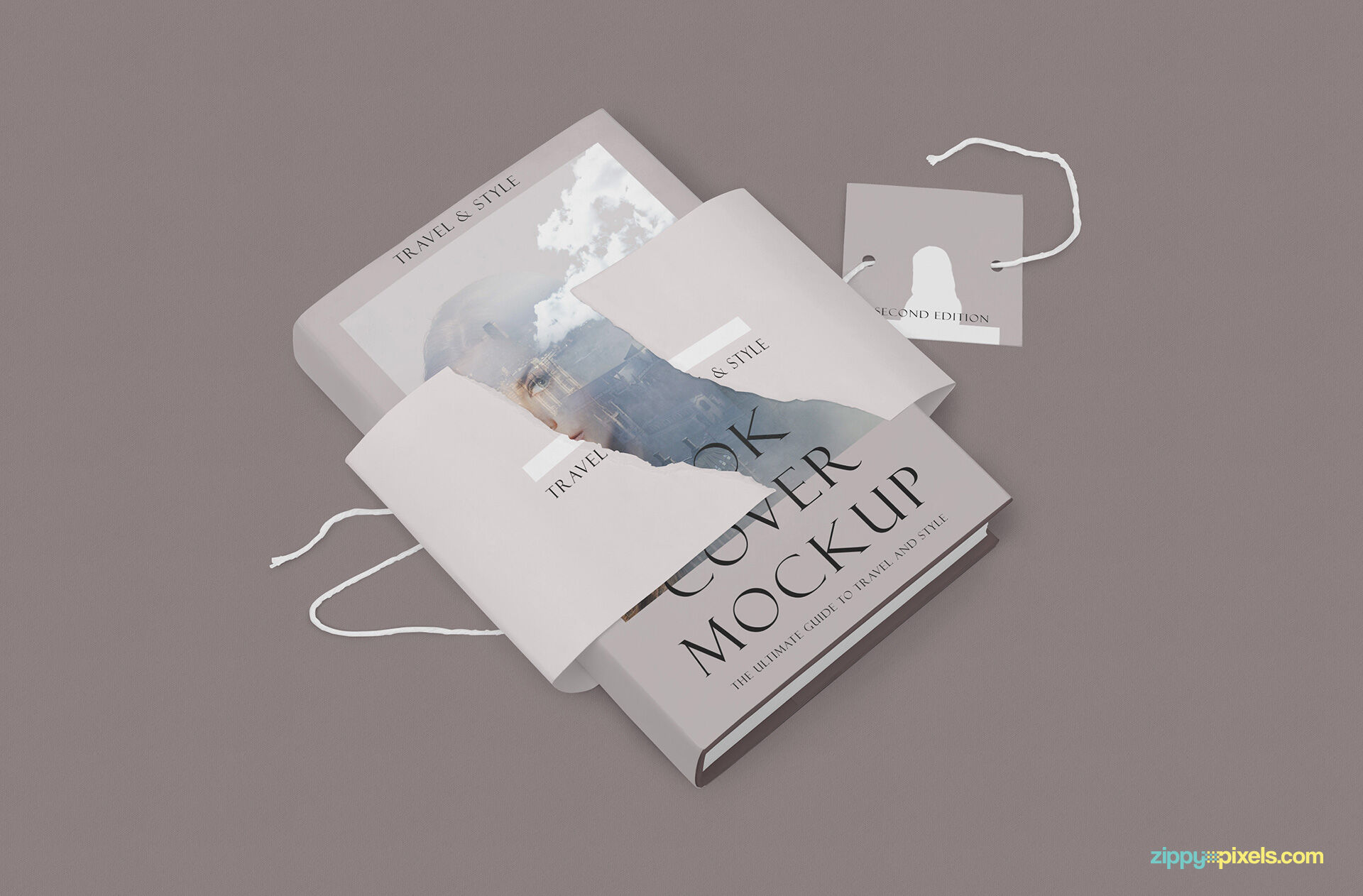 Hardcover Book With Torn Special Wrapping Plus a Tag Mockup FREE PSD