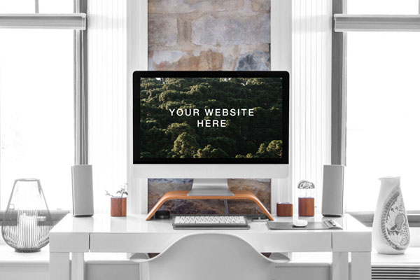 Hyper-realistic iMac on a Desk in a Room Front View Mockup FREE PSD