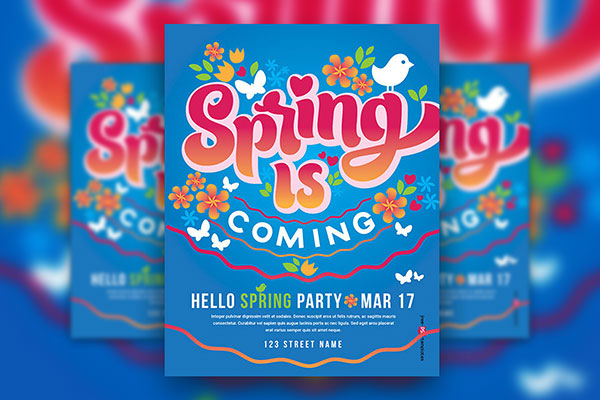 Illustrated Floral Spring Party Flyer and Facebook Cover Templates FREE PSD