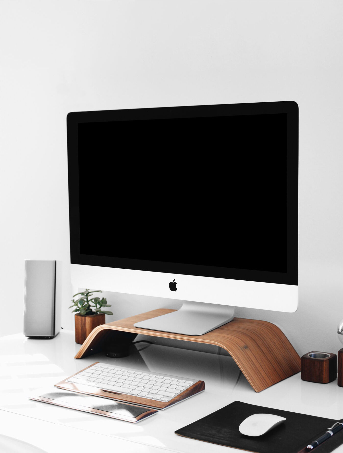 iMac on Wooden Stand on a Desk Mockup FREE PSD