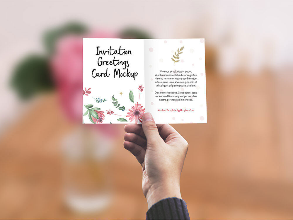Invitation Greeting Card Grabbed by Hand Front View Mockup FREE PSD