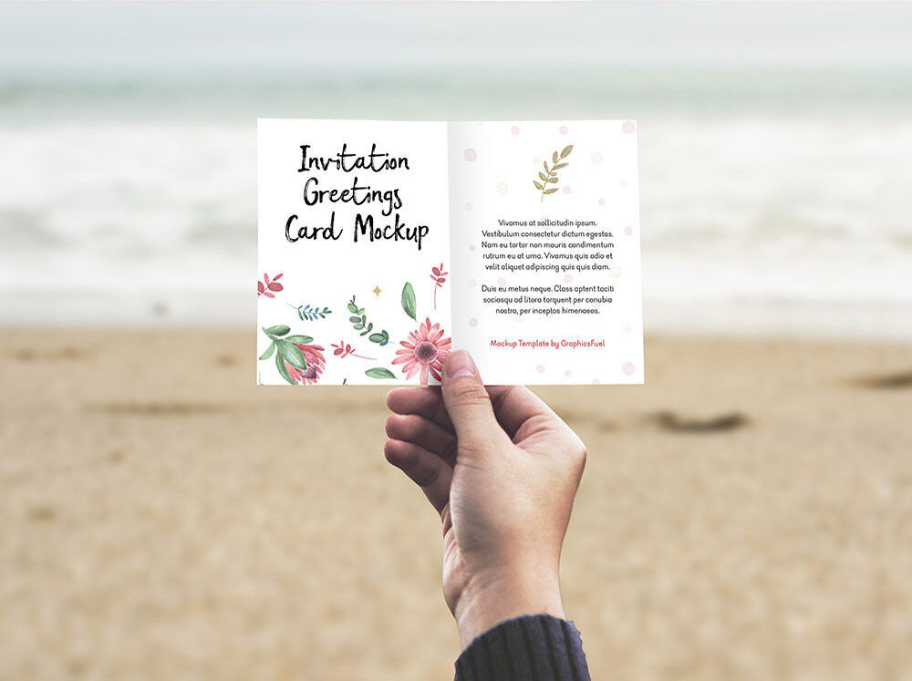 Invitation Greeting Card Grabbed by Hand Front View Mockup FREE PSD