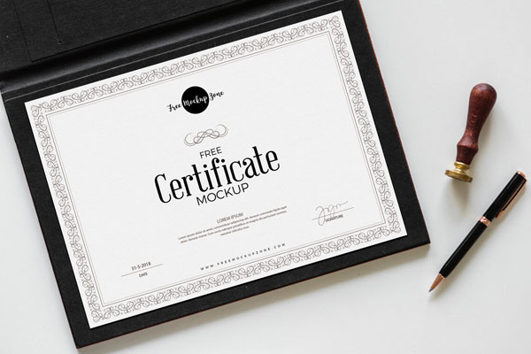 Leather Certificate Next to Pen and Wax Seal Stamp Mockup FREE PSD