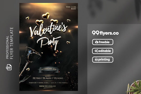 Luxury Black and Gold Valentines Celebration Party Flyer Template FREE PSD