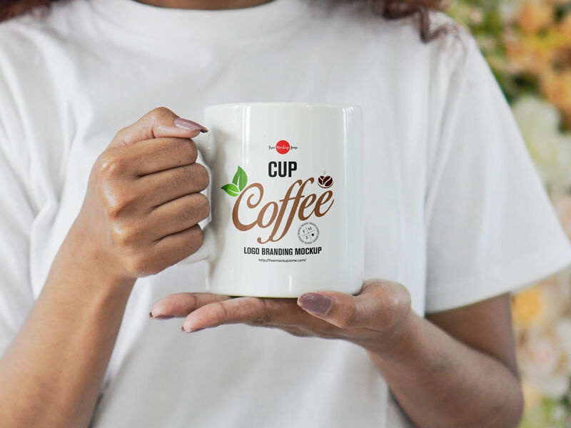 Girl Holding Coffee Mug Mockup Psd