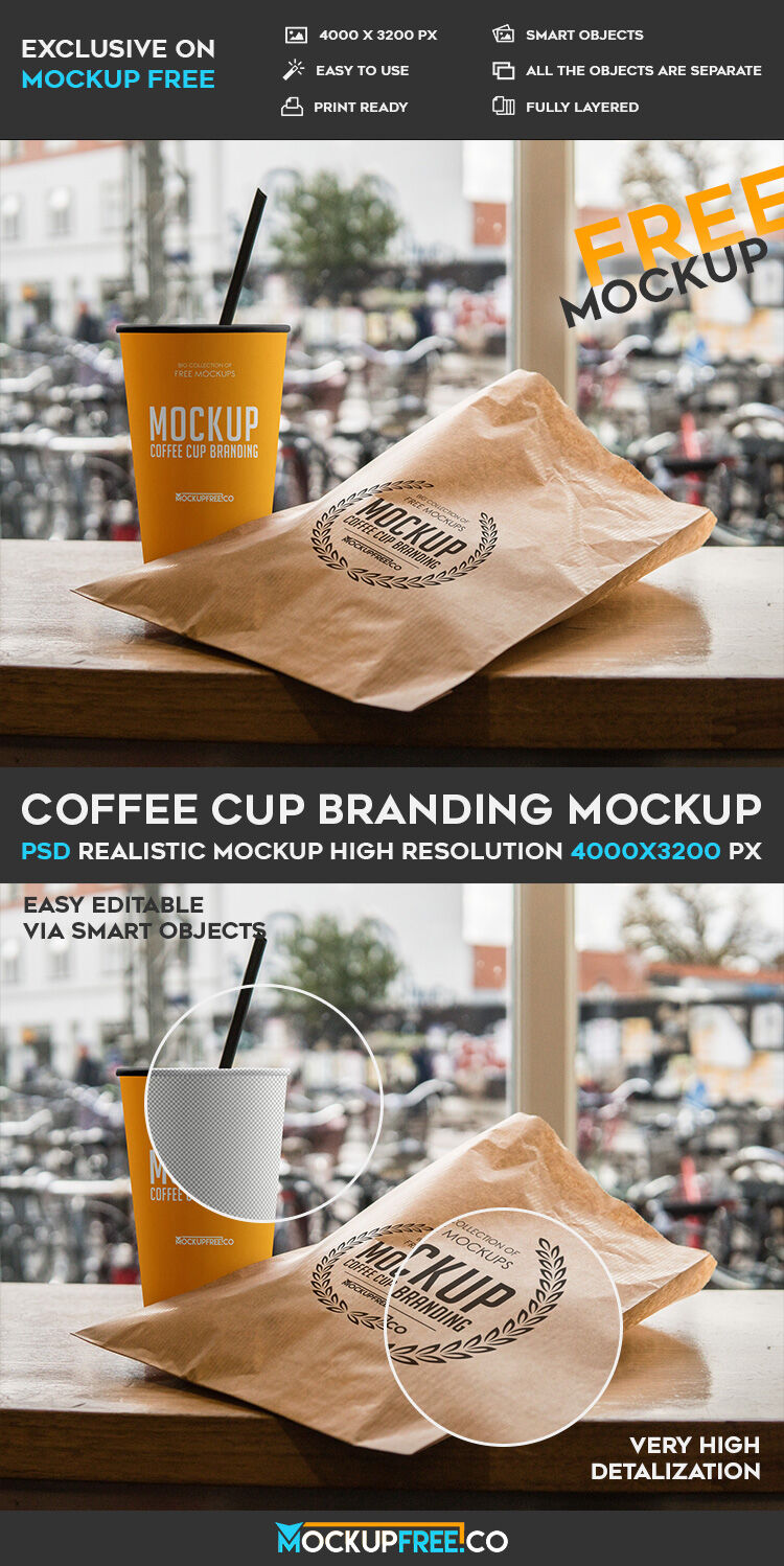 Mockup Featuring Coffee Cup and Paper Bag on Wooden Table FREE PSD