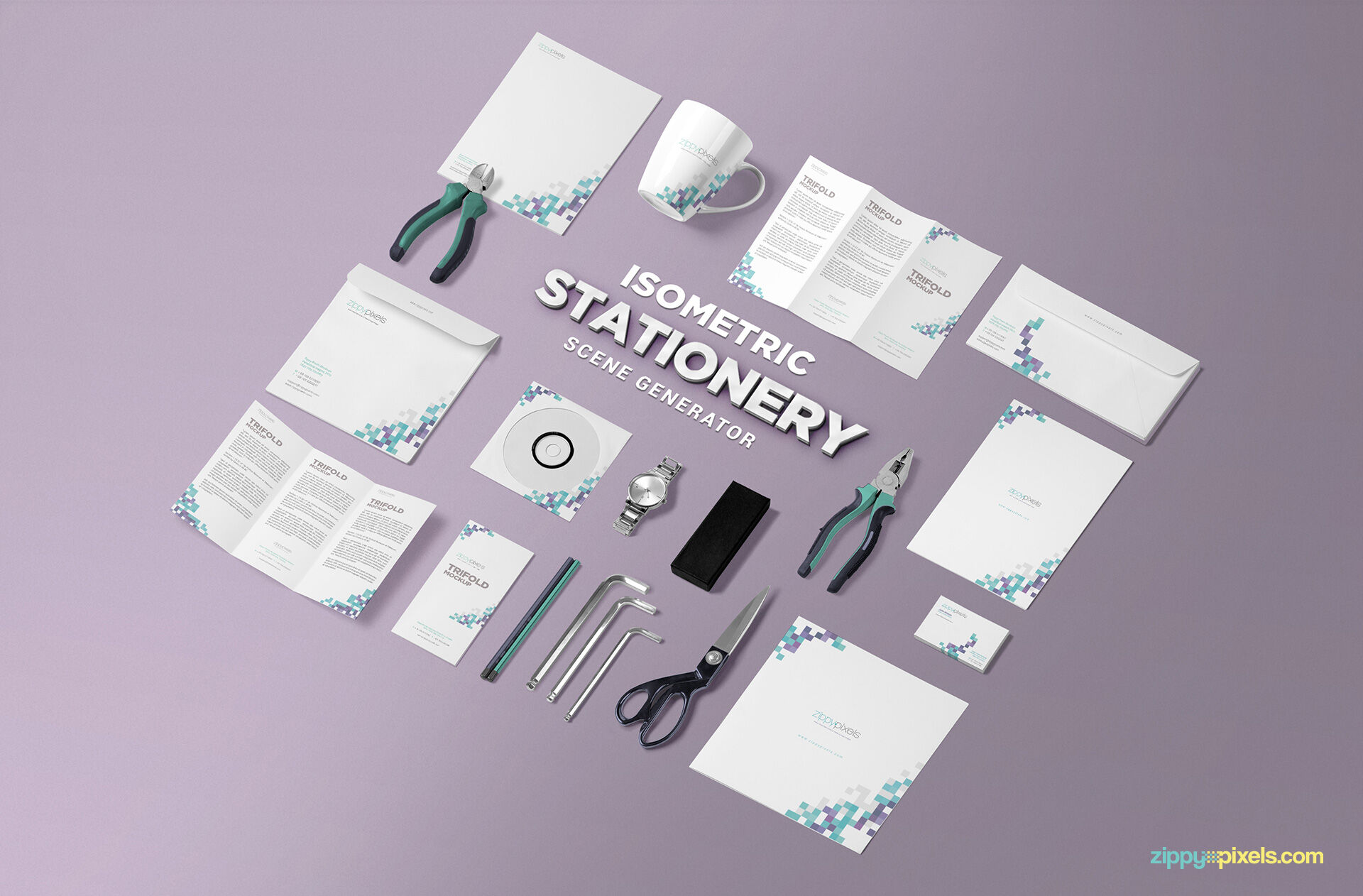 Mockup Featuring Isometric Stationery Scene FREE PSD