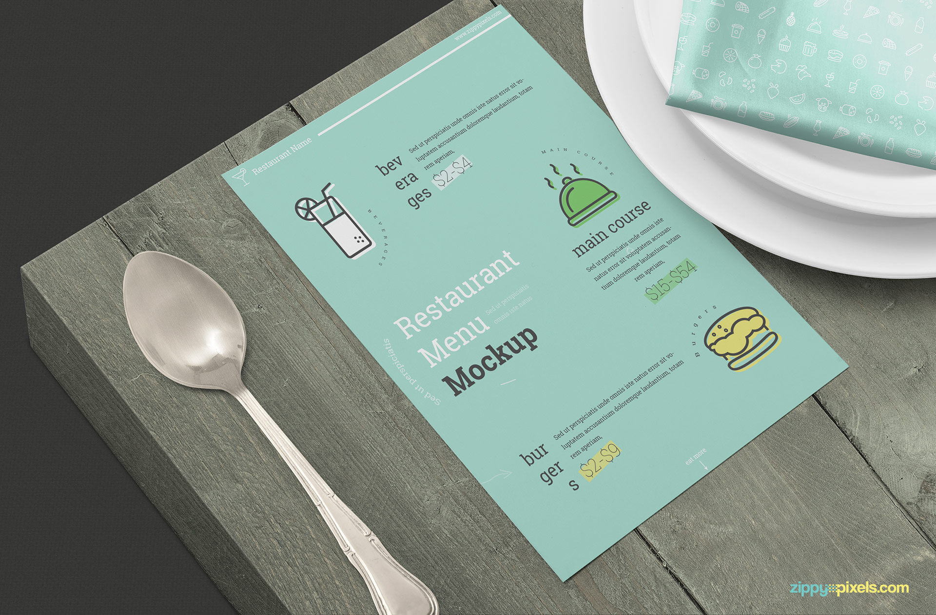 Mockup Featuring Restaurant Menu and Folded Napkin in Plates FREE PSD