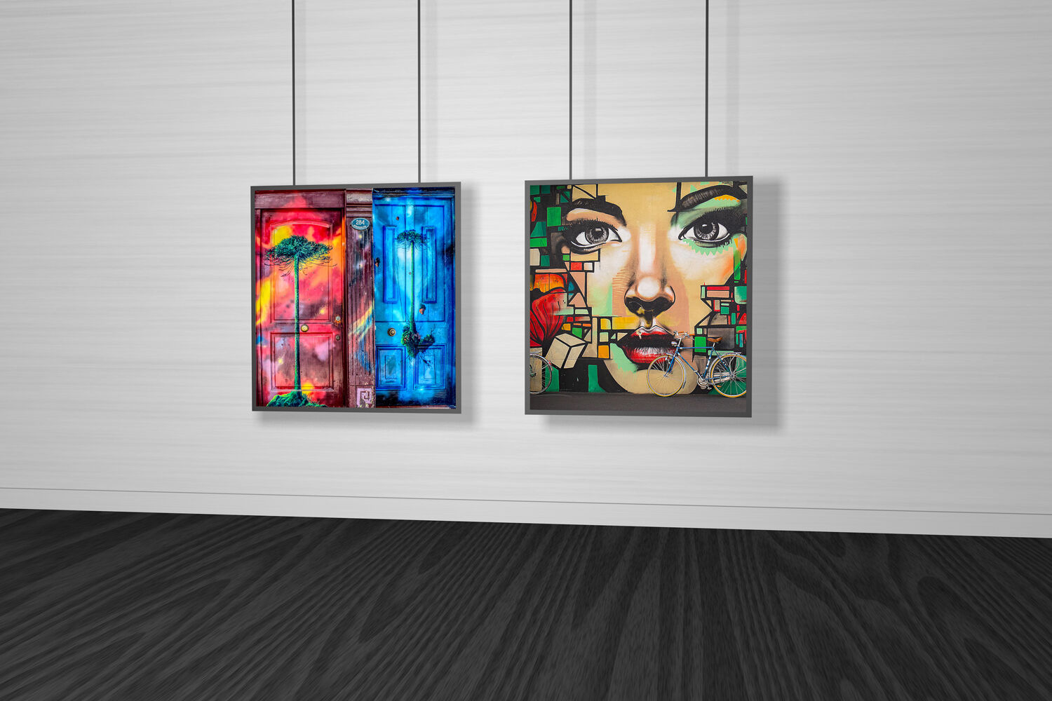 Mockup Featuring Two Gallery Frames Hung From the Ceiling FREE PSD