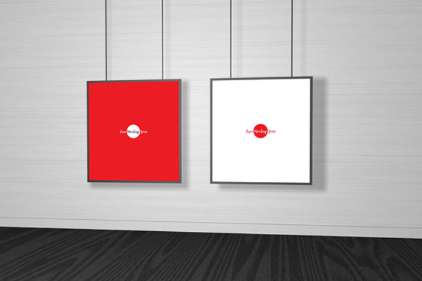 Mockup Featuring Two Gallery Frames Hung From the Ceiling FREE PSD