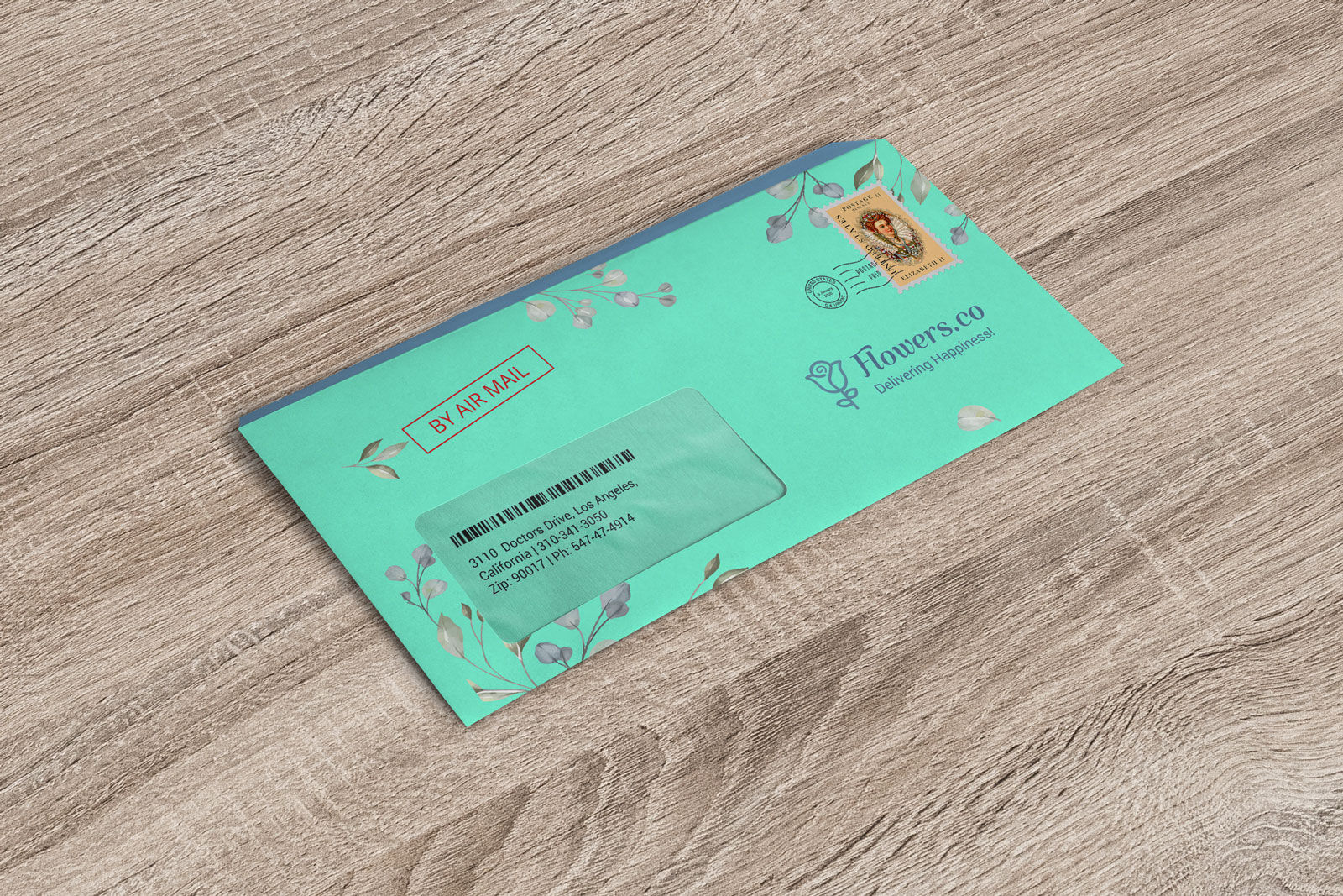 Mockup of a Windowed Envelope Lying on a Wooden Surface FREE PSD