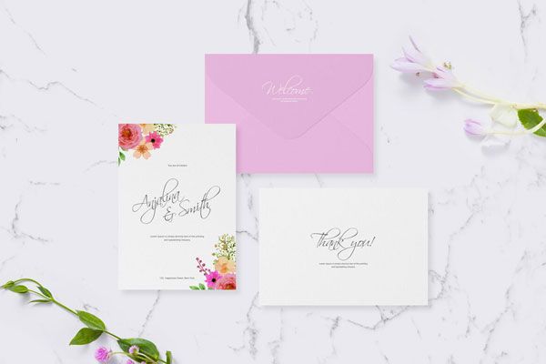 Mockup of Minimal Invitation Cards and Envelope Laid in Top View FREE PSD