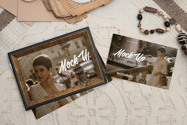Mockup of Top View of a Retro Photo Frame and a Photo FREE PSD
