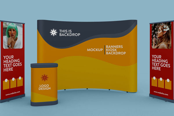 Mockup of Two Standing Banners a Kiosk and a Backdrop FREE PSD