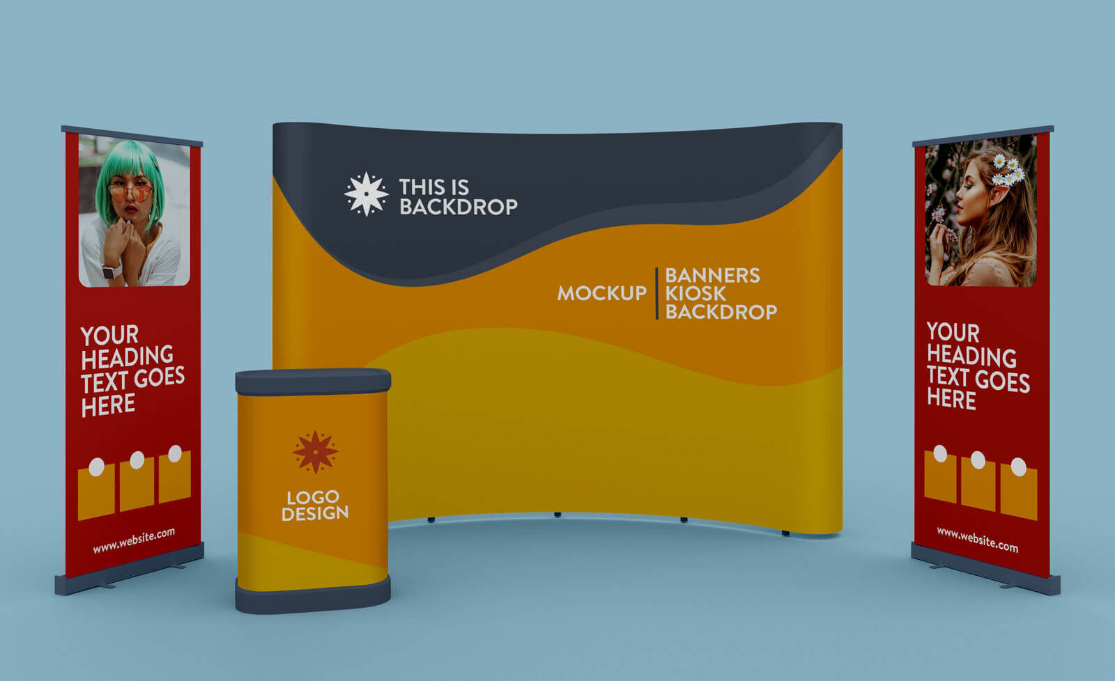 Mockup Of Two Standing Banners A Kiosk And A Backdrop Free Download 