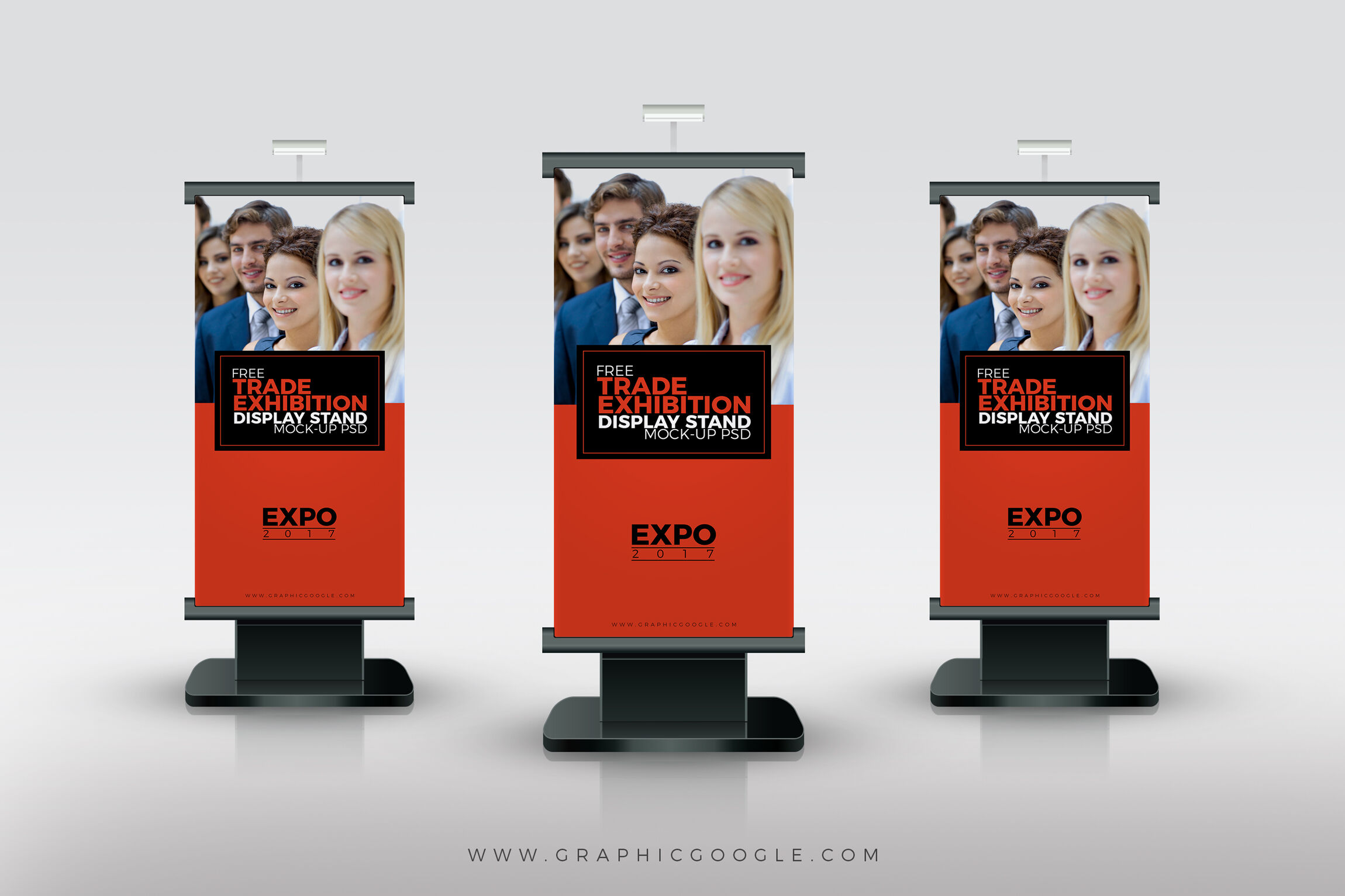 Mockup Showcasing Three Vertical Trade Exhibition Display Stand Free