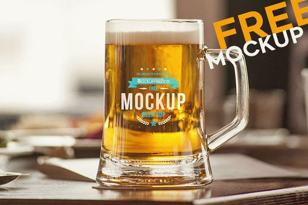 Mockup Showing Big Beer Cup with Handle on Wooden Texture FREE PSD