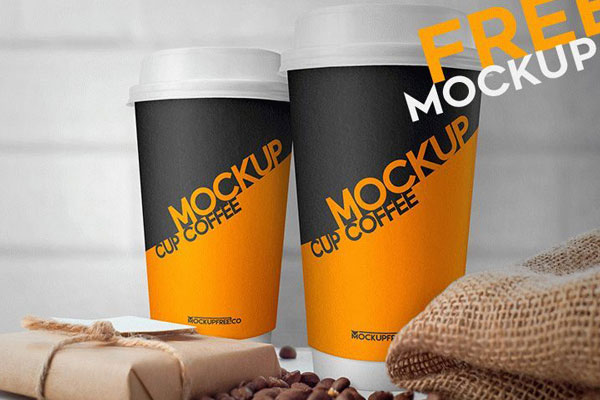 Mockup Showing Two Coffee Cups, Gift Box, Scattered Coffee Beans FREE PSD