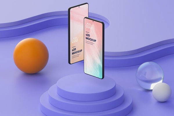 Mockup Showing Two Samsung Galaxy S20 Floating above Circular Stand FREE PSD