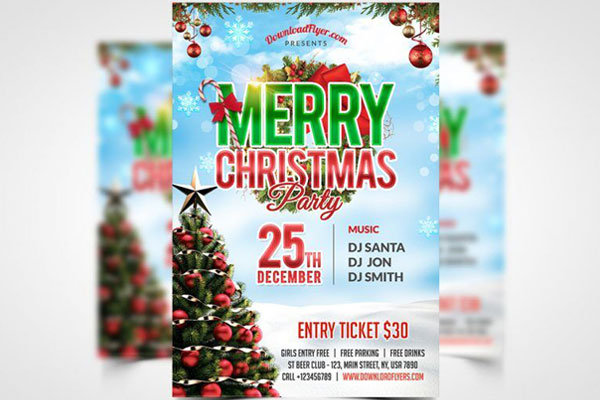 Modern Christmas Party Flyer Template with Christmas Tree FREE PSD