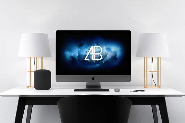 Modern Imac Pro With Lamps On Table Mockup FREE PSD