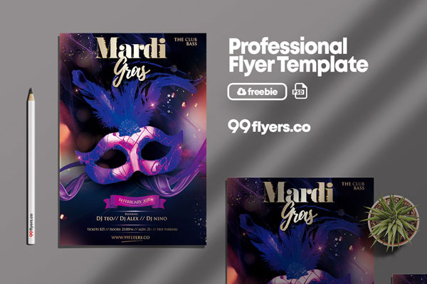 Modern Mardi Gras Party Flyer Template FREE PSD