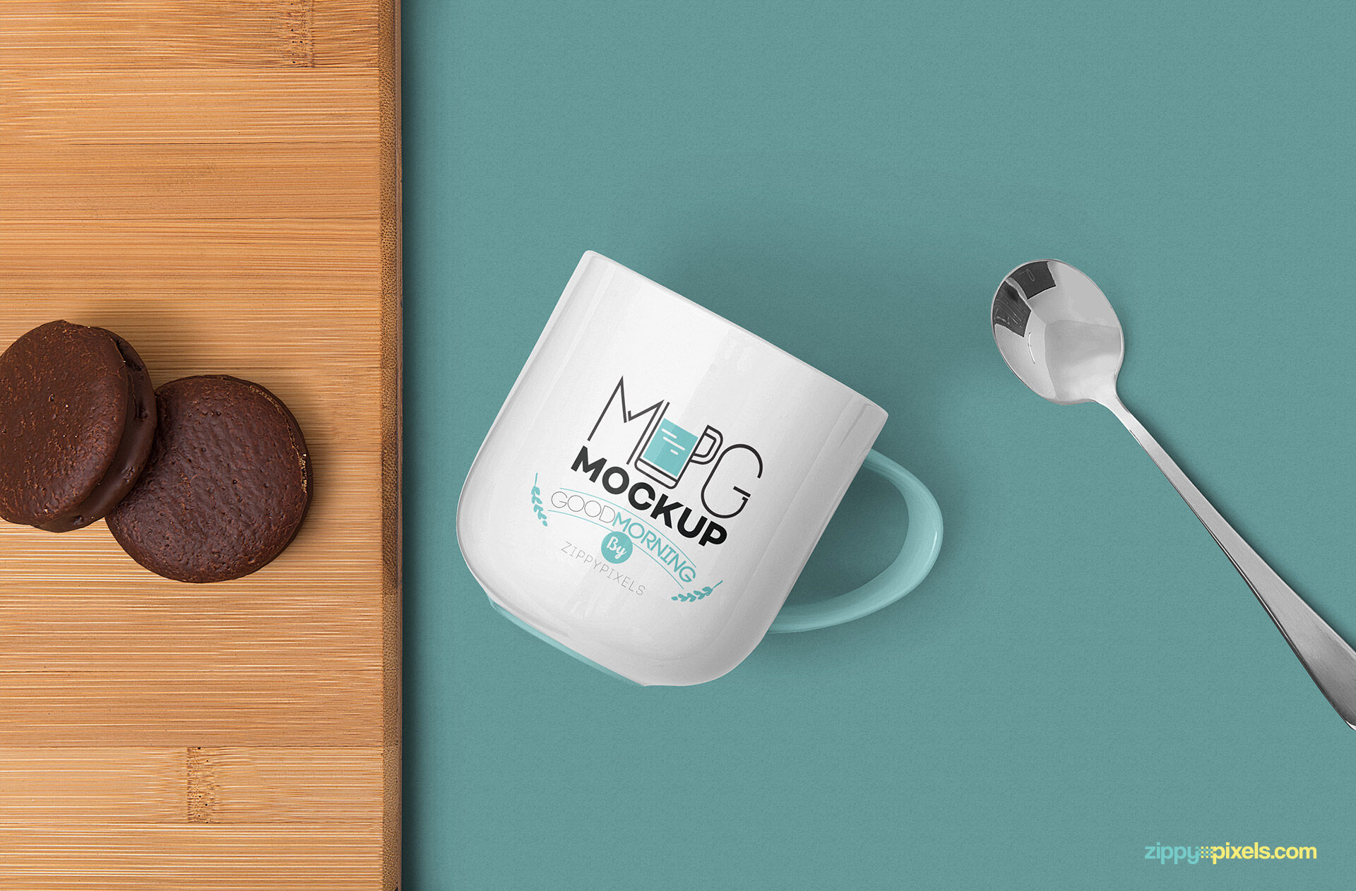 Mug Mockup Featuring a Spoon, Wooden Tray and Choco Pies FREE PSD