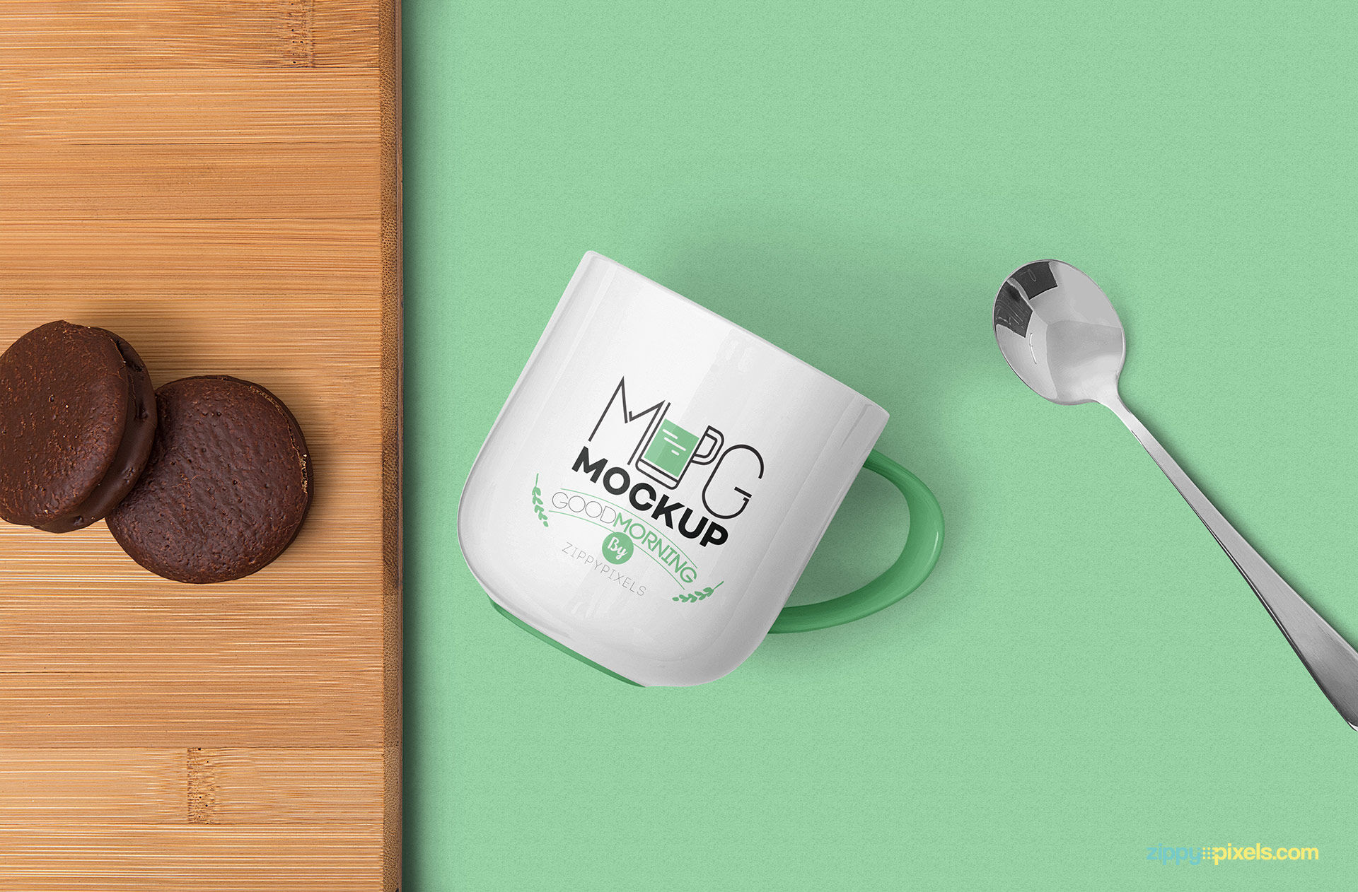 Mug Mockup Featuring a Spoon, Wooden Tray and Choco Pies FREE PSD