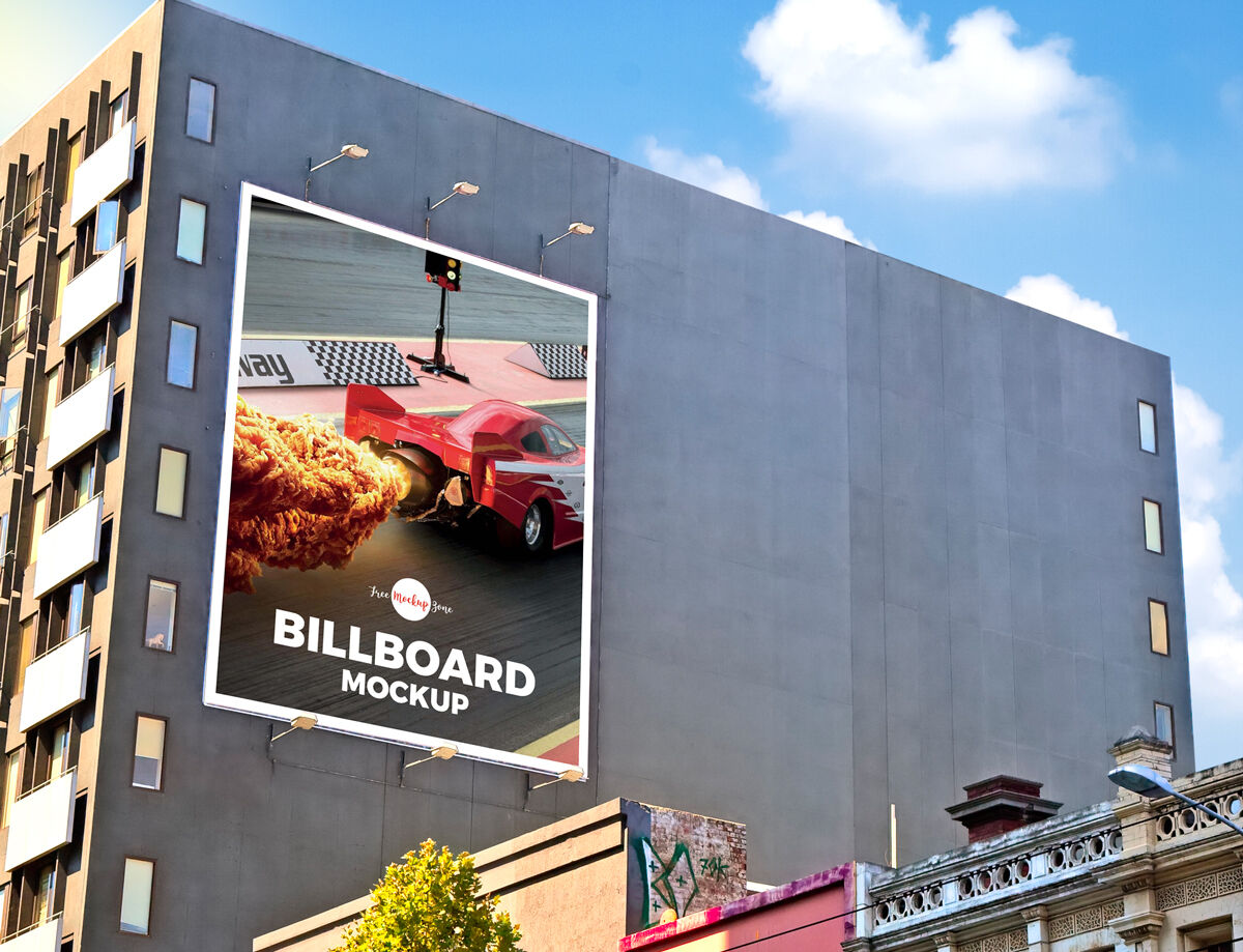 Outdoor Building Wall Advertisement Billboard Side View Mockup FREE PSD