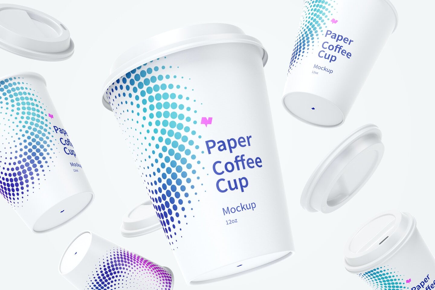 Paper Coffee Cups with Caps Mockup Floating in the Air FREE PSD