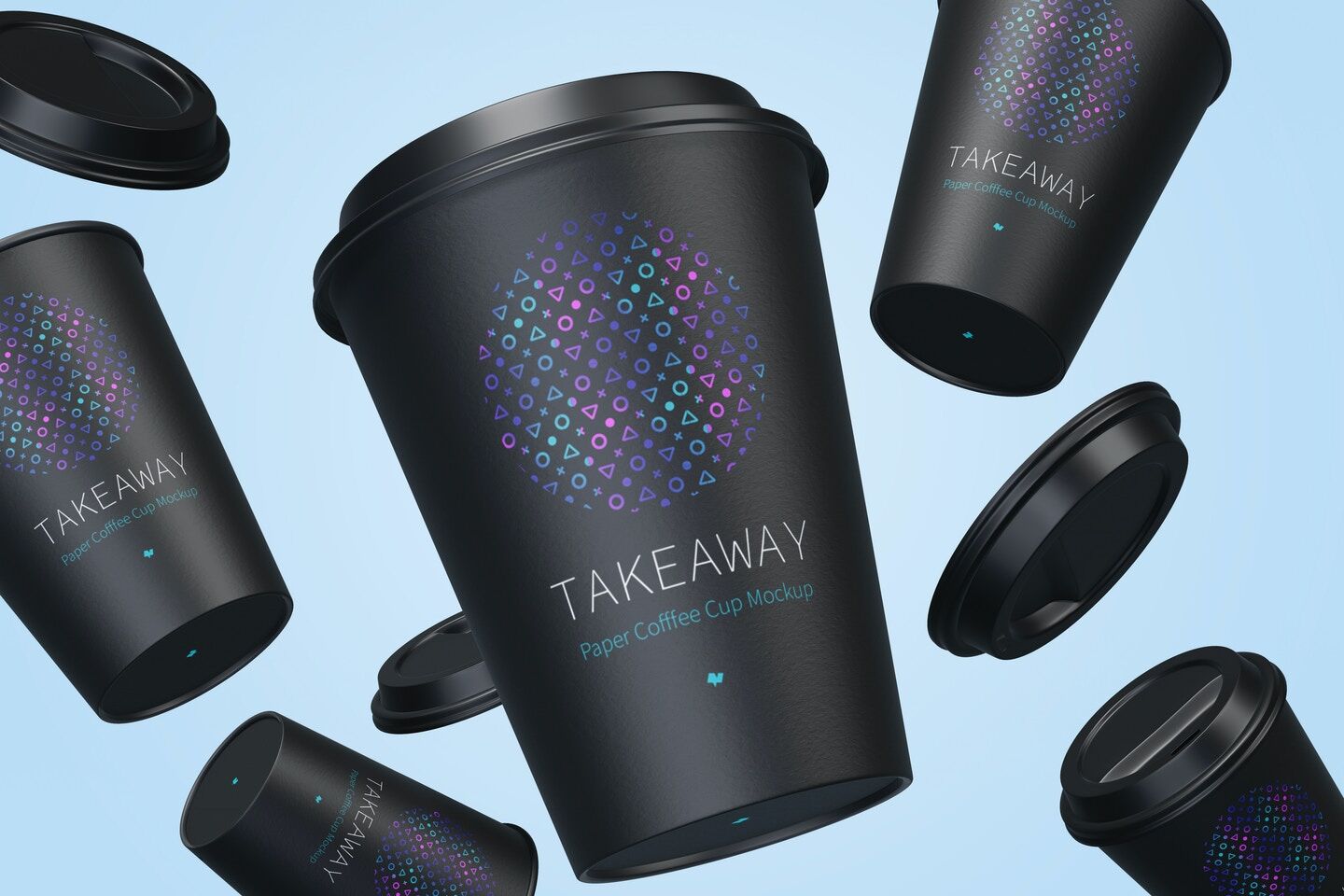 Paper Coffee Cups with Caps Mockup Floating in the Air FREE PSD