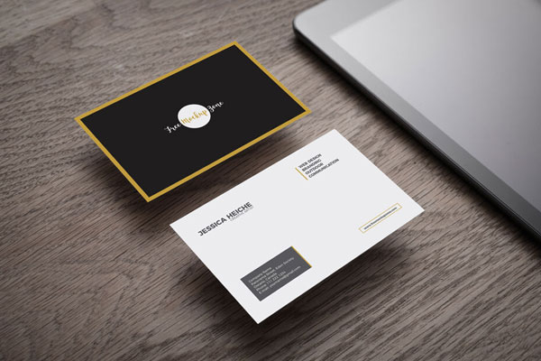 Perspective View Mockup Featuring Two Business Cards on Wooden Table FREE PSD