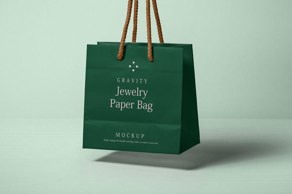 Perspective View of Floating Paper Bag with Cord Handles Mockup FREE PSD