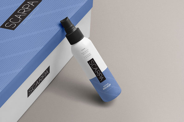 Plastic Dispensing Spray Bottle Mockup Along with a Cardboard Box FREE PSD