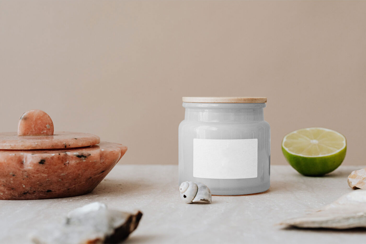 Realistic Jar Mockup with Lime and Marble Container in the Background FREE PSD