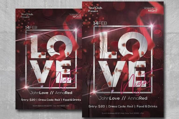 Red, 3D Valentine's Day Night Party Flyer Template FREE PSD