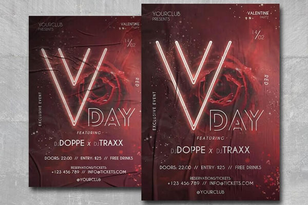 Red, Classic Valentine's Day Party Flyer Template FREE PSD