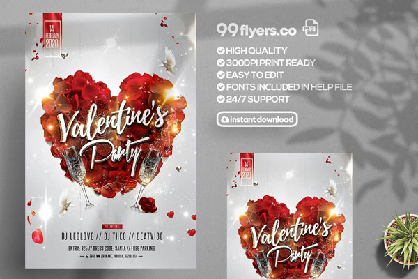 Red Petals Classy Valentine's Day Party Flyer Template FREE PSD