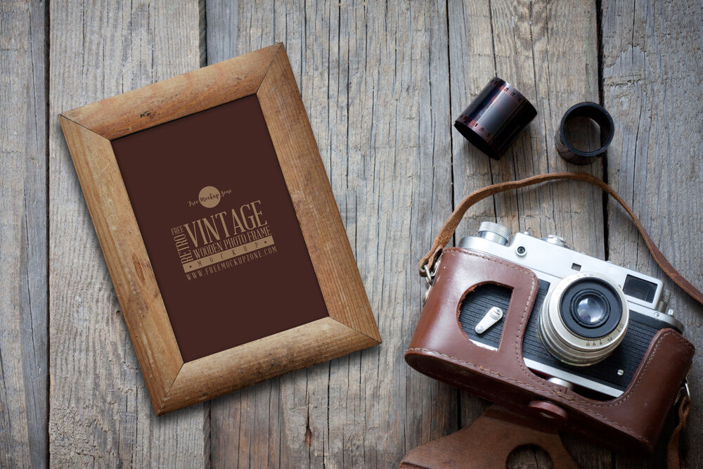 Retro Vintage Wooden Photo Frame Laying on Wooden Floor Mockup FREE PSD