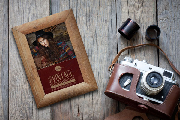 Retro Vintage Wooden Photo Frame Laying on Wooden Floor Mockup FREE PSD