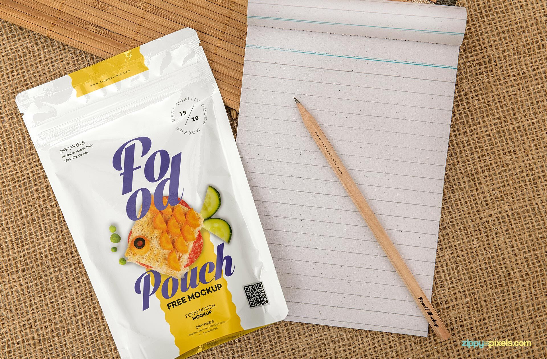Single Food Pouch Pack Mockup Next To A Notebook FREE PSD