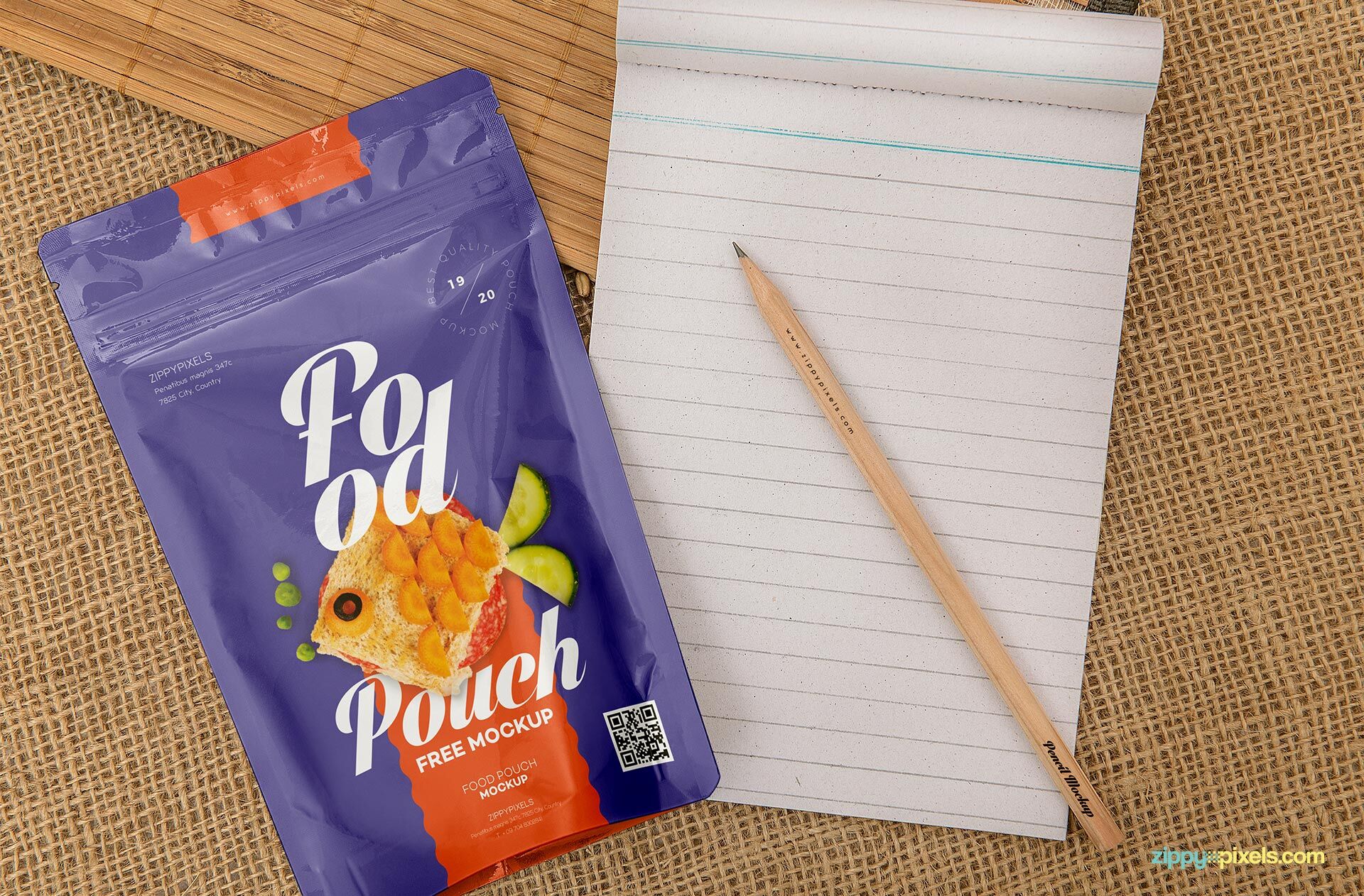 Single Food Pouch Pack Mockup Next To A Notebook FREE PSD
