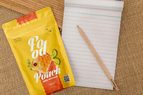 Single Food Pouch Pack Mockup Next To A Notebook FREE PSD