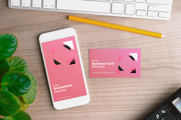Smartphone With Business Card On Wooden Surface Mockup FREE PSD