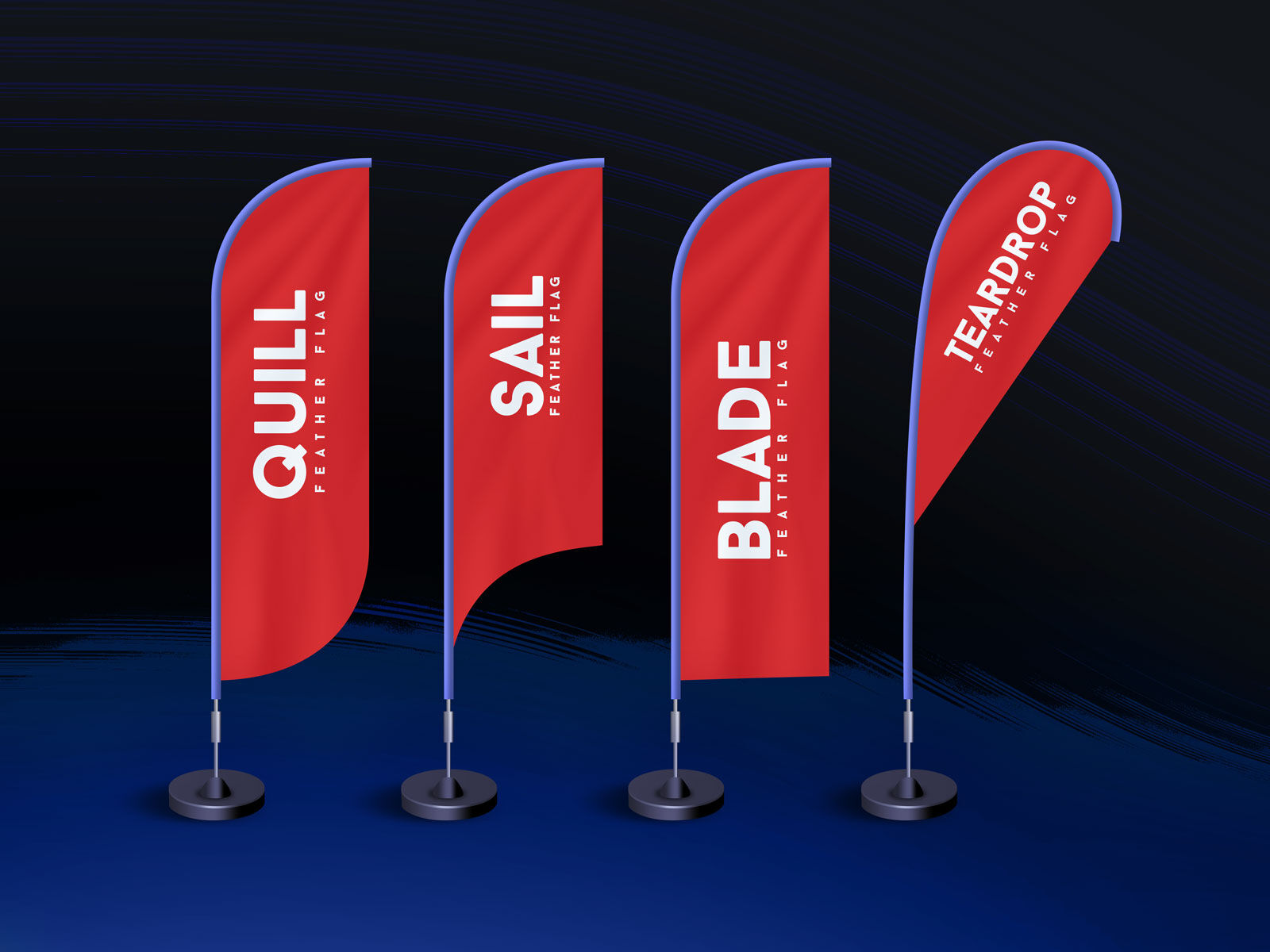 Standing Quill, Sail, Blade, Teardrop Feather Flags Mockup FREE PSD